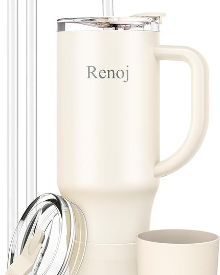 Renoj Tumbler with Handle 100% Leak Proof Insulated Water Bottle for Iced Coffee & Hot Drinks - Fits Car Cup Holder, Ideal Gift, 2 Straws & Silicone Boot BPA-Free - SnapShift White 40 oz