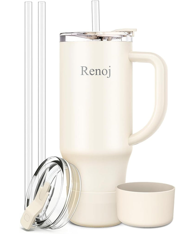 Renoj Tumbler with Handle 100% Leak Proof Insulated Water Bottle for Iced Coffee & Hot Drinks - Fits Car Cup Holder, Ideal Gift, 2 Straws & Silicone Boot BPA-Free - SnapShift White 40 oz