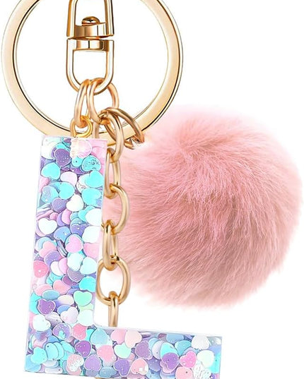 Resin Alphabet Initial Letter Keychain Keyring for Women Purse Handbags With Fur Ball Pom