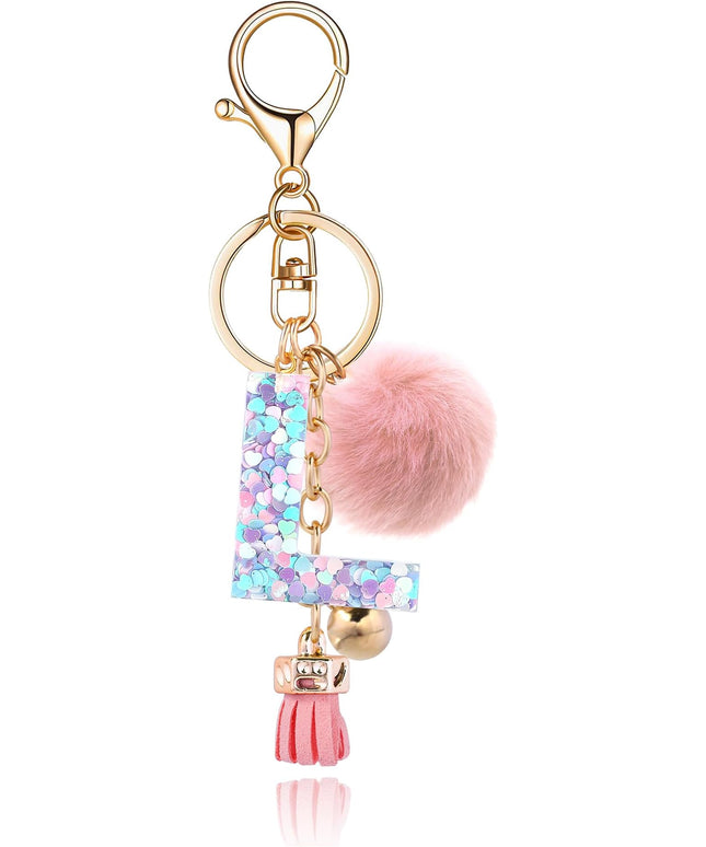Resin Alphabet Initial Letter Keychain Keyring for Women Purse Handbags With Fur Ball Pom