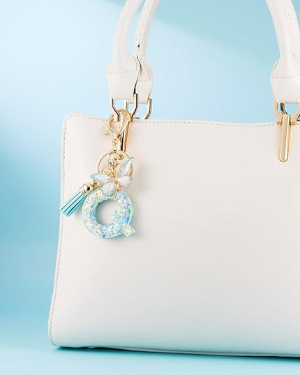 Fashion Alphabet Initial Letter Keychain Tassel Butterfly Pendant Key Ring for Purse Handbags Women Girl