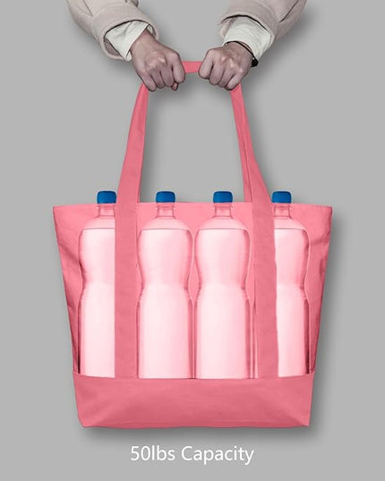 TOPDesign 3-Pack Canvas Tote Bags with an External Pocket, Reusable Grocery Shopping Bags, Top Zipper Closure, Daily Essentials (Rose Pink)