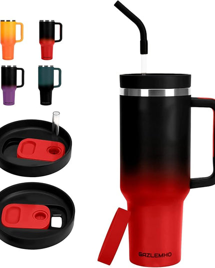 40oz Tumbler with Handle and Straw Spout 2-in-1 Lid, Spill Leak Proof Insulated Travel Cup Traveler Water Mug Keep Cold Hot, Dishwasher Safe Stainless Steel Bottle Gifts for Women Men, Black Red