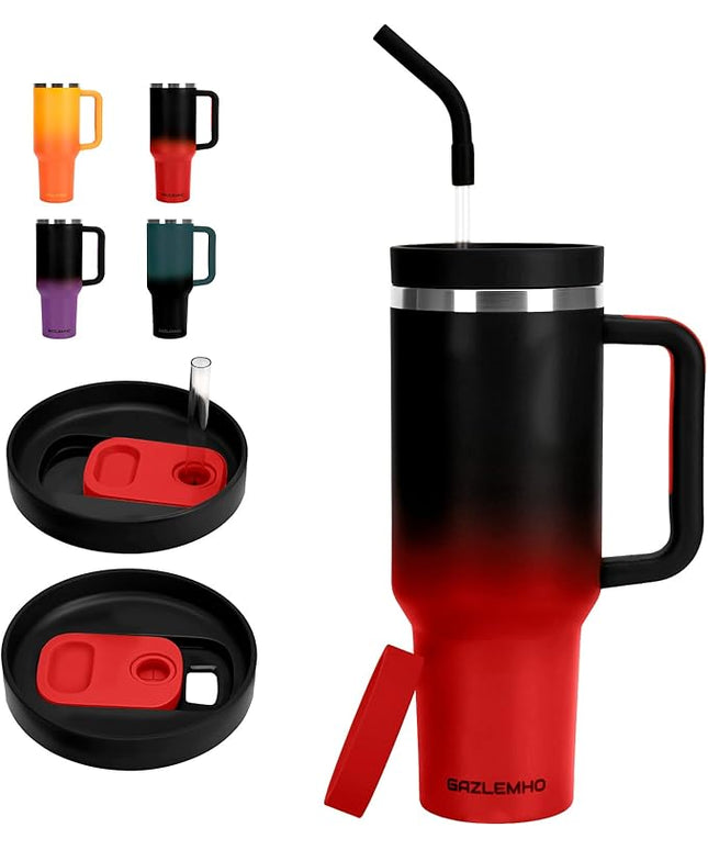 40oz Tumbler with Handle and Straw Spout 2-in-1 Lid, Spill Leak Proof Insulated Travel Cup Traveler Water Mug Keep Cold Hot, Dishwasher Safe Stainless Steel Bottle Gifts for Women Men, Black Red