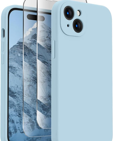 FireNova Designed for iPhone 15 Case, Silicone Upgraded [Camera Protection] Phone Case with [2 Screen Protectors], Soft Anti-Scratch Microfiber Lining Inside, 6.1 inch, Sky Blue