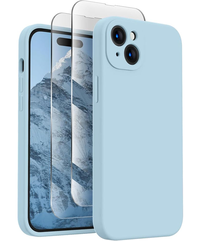 FireNova Designed for iPhone 15 Case, Silicone Upgraded [Camera Protection] Phone Case with [2 Screen Protectors], Soft Anti-Scratch Microfiber Lining Inside, 6.1 inch, Sky Blue