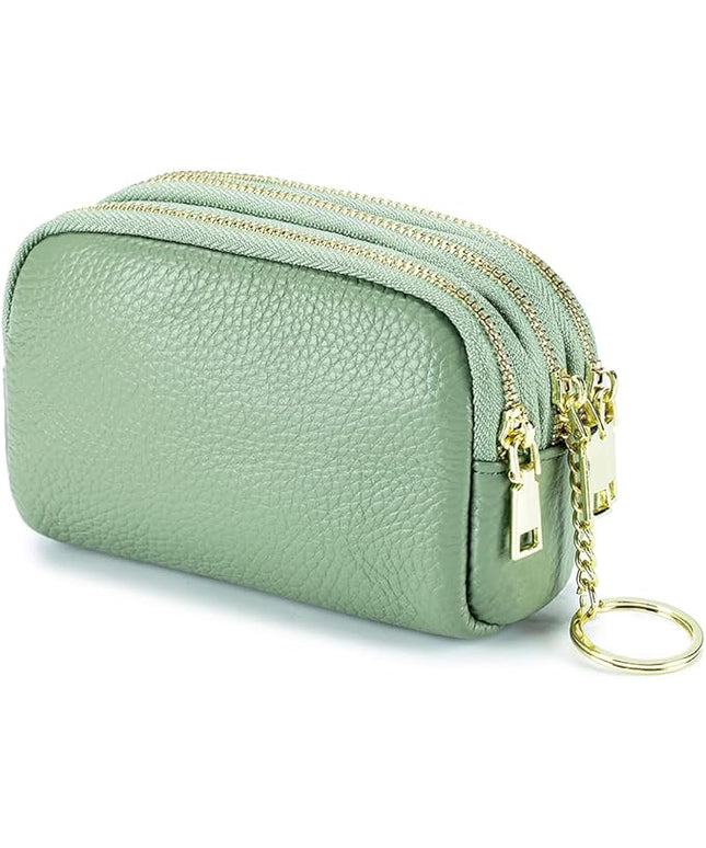 LINNO 3 Zippered Genuine Leather Coin Purse Triple Capacity Change Pouch Little Travel Wallet With Key Ring for Women