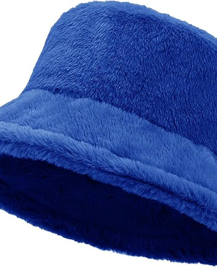 Women Plush Fluffy Bucket Hat Warm Lining Winter Faux Fur Cozy Wide Brim Winter