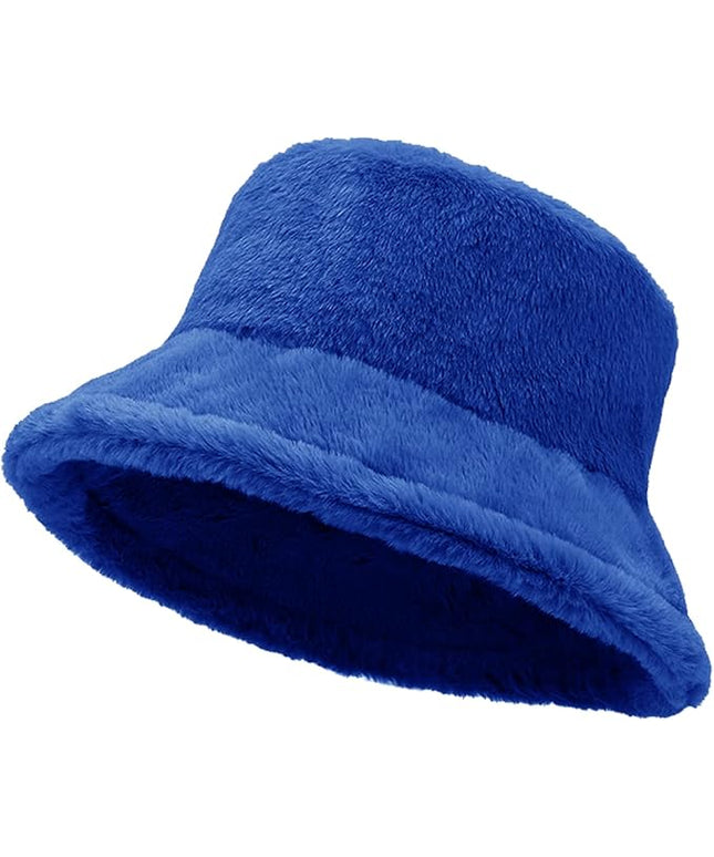 Women Plush Fluffy Bucket Hat Warm Lining Winter Faux Fur Cozy Wide Brim Winter