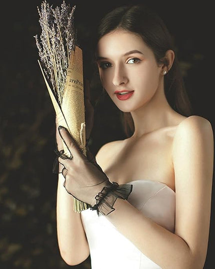 Women's Summer Tulle Gloves Pleated Ruffle Full Finger Wrist Length Opera Party Gloves