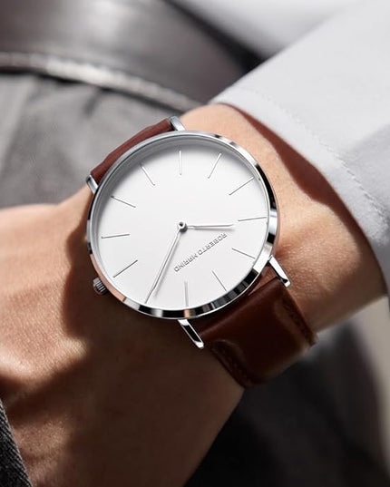 Roberto Marino RM1423 Men’s Luxury Watch – Japanese Quartz, Leather Strap, White Dial, 3 ATM Water Resistant