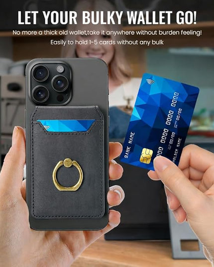 Mizi 3-in-1 Mag Safe Wallet with Stand & Ring Grip, Strong Magnetic Vegan Leather Card Holder, RFID Blocking, Holds 5 Cards, for iPhone 17/16/15/14/13/12 Series (Not for 13/12 Mini) - Black