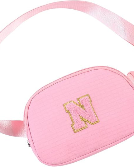 Glratn Initial Letter Fanny Pack for Girls,Patch Belt Bag,Toddler Crossbody Bags，Gifts for 3 4 5 6 7 8 9 10 11 12 Year Old Teens Kids,Christmas Graduation Gifts for Teen Girls.(Pink-N)