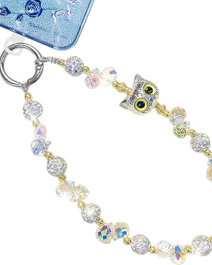 Beaded Phone Wrist Strap for Women with Cute Owl Charm, Anti-Lost Keychain Bracelet Lanyard for Cellphone, Handbag, and Keys (Owl-(Silver)