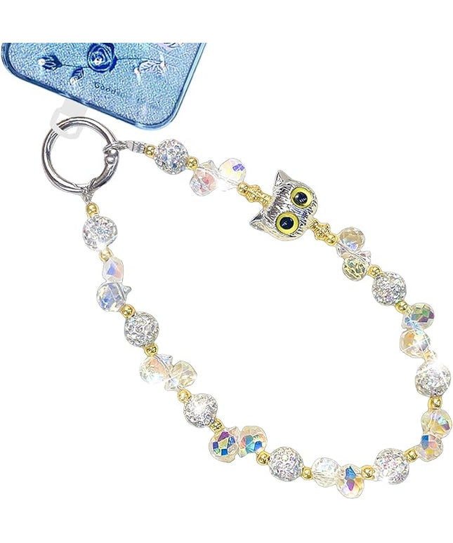 Beaded Phone Wrist Strap for Women with Cute Owl Charm, Anti-Lost Keychain Bracelet Lanyard for Cellphone, Handbag, and Keys (Owl-(Silver)