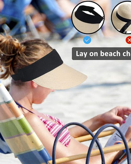 Women Straw Sun Visor Hat Wide Brim Summer UV Protection Beach Cap Foldable Packale Korean Style