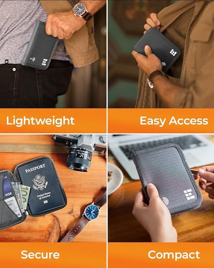 Zero Grid Passport Holder & Travel Wallet with RFID Blocking, Premium Document Organizer for Men & Women, Holds Passports, Cards, Tickets, ID & Cash, Compact Zippered Wallet - Shadow Grey