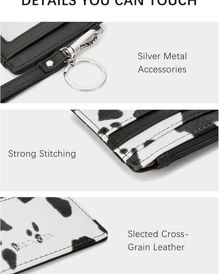 BOSTANTEN Small Wallet For Women RFID Leather Credit Card Holder Slim Wristlet Keychain Wallet With Zipper Pocket White Cow Print