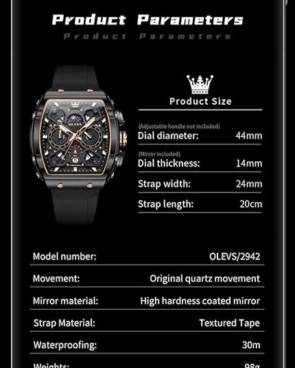 OLEVS Watches for Men Casual Luxury Large Face Multifunctional Chronograph Men's Watches Durable Silicone/Nylon Strap 3ATM Waterproof Men Watch Date Moon Phase Analog Quartz Watch Reloj para Hombre