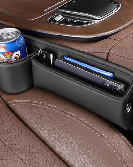 Car Seat Gap Filler Organizer with Cup Holders, Seat Gap Storage Box for Drinks, Phones, Keys, Sunglasses, Cards, and Small Essentials (Beige, Driver's + Passenger Seat)