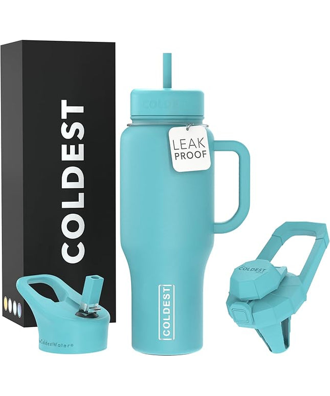 Coldest Tumbler with Handle and Straw - 100% Spill Proof Tumbler with Straw (3 Lids) - Stainless Steel Insulated Leakproof Tumblers for Women & Men - 36 oz (Turtly Green)