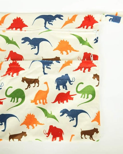 Medium Wet Dry Bag Baby Cloth Diaper Nappy Insert Bag Reusable Washable With Two Zippered Pockets Minky (Dinosaur)