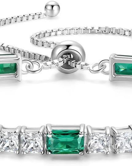 FANCIME Birthstone Bracelet for Women, Sterling Silver 4x6mm Gemstone Tennis Bracelet Bolo Adjustable Chain Fine Jewelry Birthday Gifts for Women Mom Wife Her