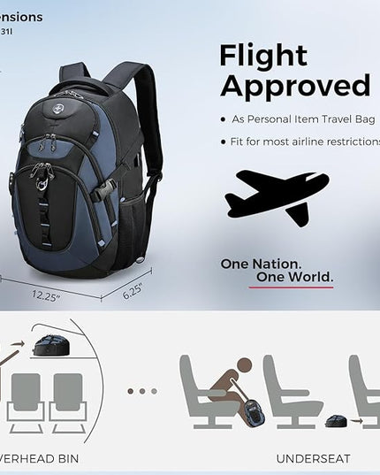 Swissdigital Design Laptop Backpack with USB Charging Port, Travel Backpack Fits 15.6 inches Computer, 31L College School Backpack for Men, Haze Blue/Black | SD803-16