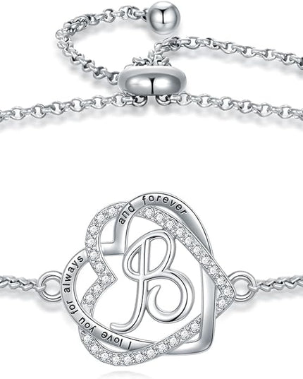 TOUPOP Gifts for Women Heart Initial Bracelet 925 Sterling Silver Double Heart Bracelet Birthday Jewelry Birthday Christmas Gifts for Her Wife Girlfriend