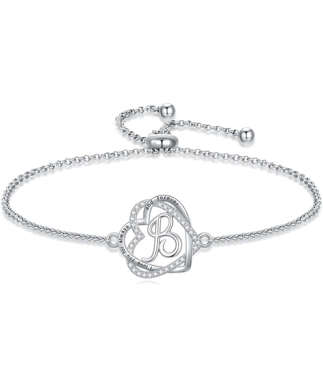 TOUPOP Gifts for Women Heart Initial Bracelet 925 Sterling Silver Double Heart Bracelet Birthday Jewelry Birthday Christmas Gifts for Her Wife Girlfriend