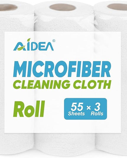 AIDEA Microfiber Cleaning Cloth Roll, Shop Towels 165 Sheets(3 Roll), Tear Away Reusable Paper Towels, White Rags for Bars, Cleaning Rags for Automotive, Mechanic, Workshops, House, 11×9"