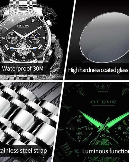 OLEVS Mens Watches Chronograph Watch Luxury Dress Stainless Steel Waterproof Watches for Men Moon Phase Luminous Business Calendar Wrist Watch Blue/Black/Green/Gold/Face