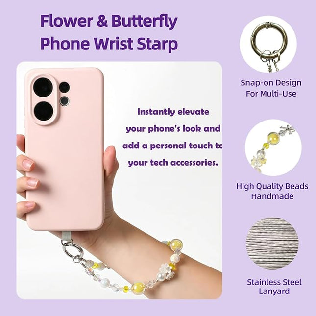 Handmade Flower & Butterfly Phone Wrist Strap Lanyard - Detachable Anti-Drop Strap with 2 Tether Tabs -Women's Gift