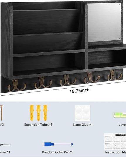 ClyraStor Key Holder Wall Mount, Mail Organizer Wall Mounted, Solid Wood Key Holder for Wall Living Room Entryway Home Decor, with 10 Key Hooks, Shelf, Marker Pen, 15.7" x 10.2" x 2.8"