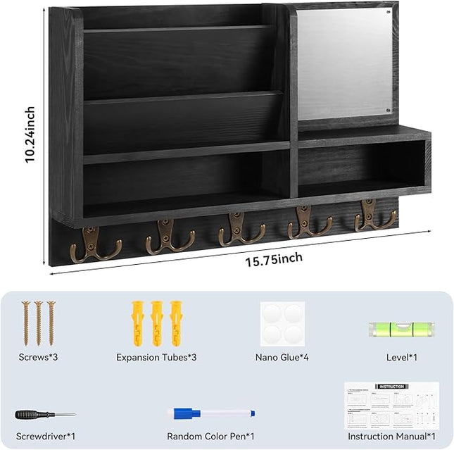 ClyraStor Key Holder Wall Mount, Mail Organizer Wall Mounted, Solid Wood Key Holder for Wall Living Room Entryway Home Decor, with 10 Key Hooks, Shelf, Marker Pen, 15.7" x 10.2" x 2.8"