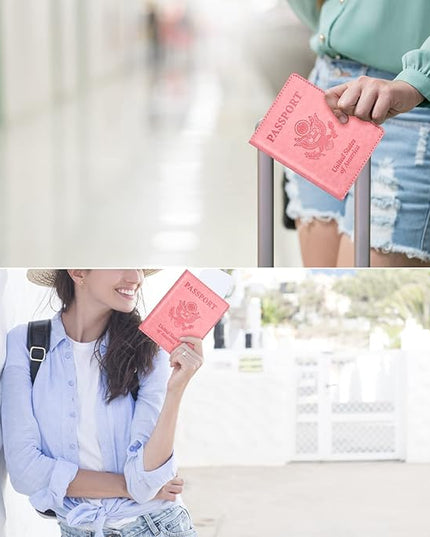 Eoehro Passport and Vaccine Card Holder, Faux Leather, AI-pink, Compact, Lightweight, Waterproof