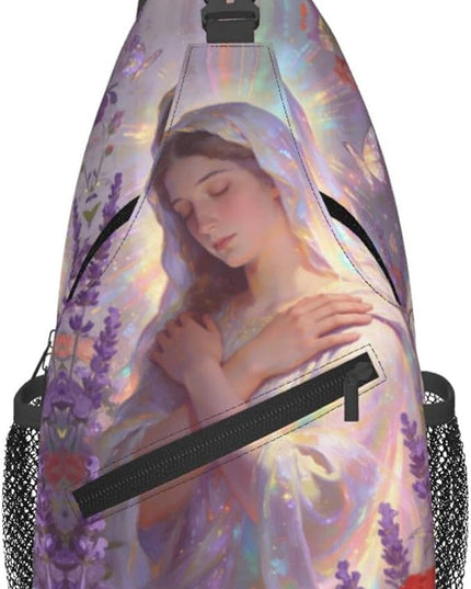Our Lady of Guadalupe Sling Bag Crossbody Bags Clovers Chest Bag for Travel Hiking for Men Women Lavender Mary