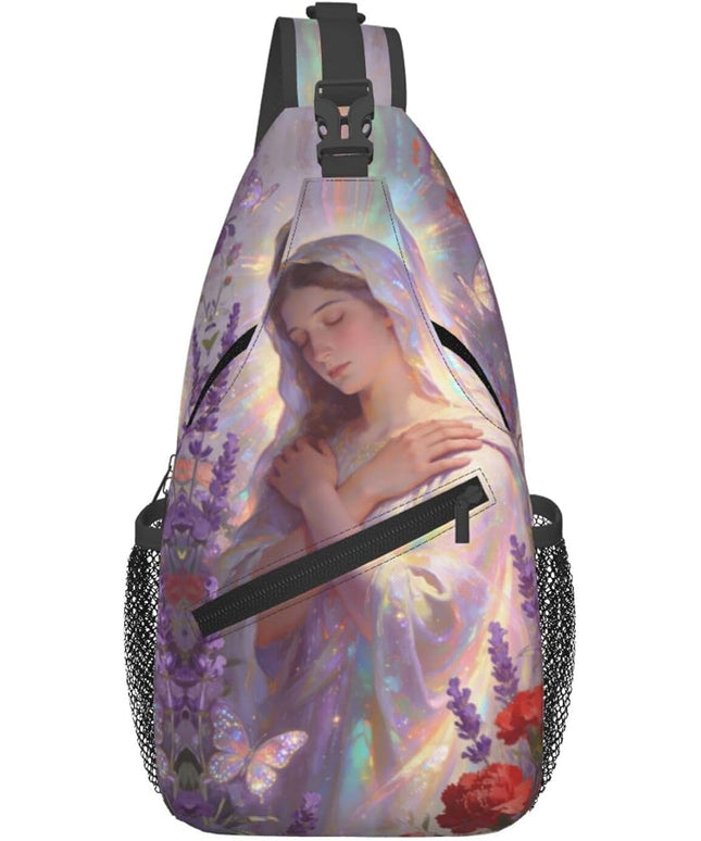 Our Lady of Guadalupe Sling Bag Crossbody Bags Clovers Chest Bag for Travel Hiking for Men Women Lavender Mary