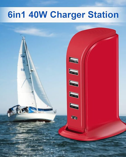 USB Phone Charger 6 Ports 40W Upoy, Type C Wall Charger Smart 6A, Charging Tower with 5ft Power Cord, USB Power Adapter Fast Charging, Smart Home Device Charging Station, iPhone/Ipad Accessories