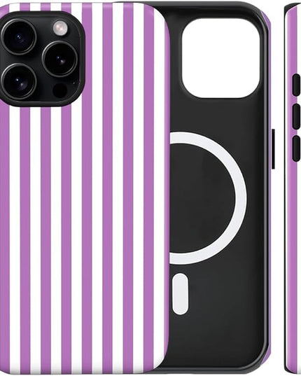 Magnetic for iPhone 16 Pro Case Cute Stripes Phone Case, Shockproof Slim TPU and Hard PC Protective Phone Cover Compatible with MagSafe Designed for Women Girls, Purple