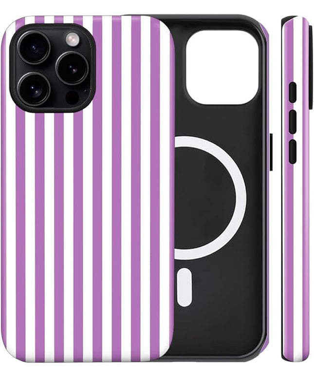 Magnetic for iPhone 15 Pro Case Cute Stripes Phone Case, Shockproof Slim TPU and Hard PC Protective Phone Cover Compatible with MagSafe Designed for Women Girls, Purple