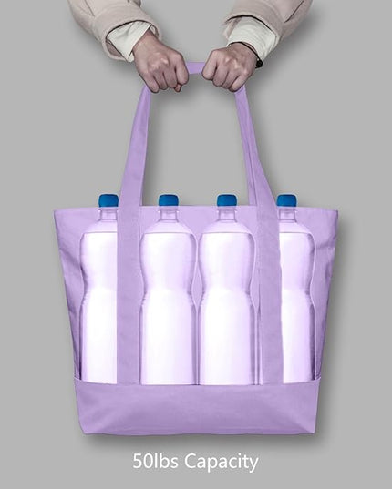 TOPDesign 1-Pack Canvas Tote Bag with an External Pocket, Reusable Grocery Shopping Bag, Top Zipper Closure, Daily Essentials (Lavender)