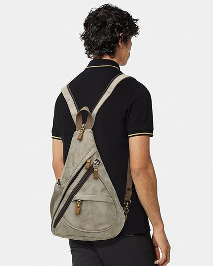 KL928 PU Leather Sling Bag - Small Crossbody Backpack Shoulder Casual Daypack Rucksack for Men Women(Olive Green)