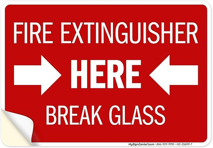 Fire Extinguisher Here Break Glass Sign, 10x7 Inches, 4 Mil Vinyl Decal Stickers Weather Resistant, Made in USA by My Sign Center