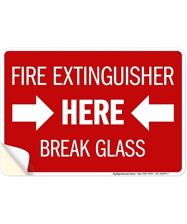 Fire Extinguisher Here Break Glass Sign, 10x7 Inches, 4 Mil Vinyl Decal Stickers Weather Resistant, Made in USA by My Sign Center
