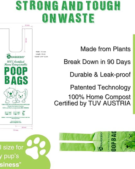 OrangeBio Dog Poop Bags with Handles, 100% Certified Home Compostable, 13 x 9 Inches - 180 Count (15 Bags per Roll, 12 Rolls), OK Compost Home