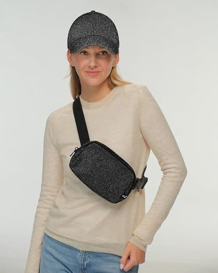 C.C Glitter Tiny Mesh Fanny Pack For Women Unisex - Shimmering Daily Waist Crossbody Belt bag With Adjustable Strap (Black)