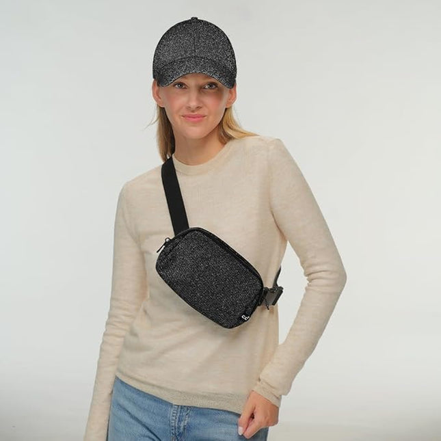 C.C Glitter Tiny Mesh Fanny Pack For Women Unisex - Shimmering Daily Waist Crossbody Belt bag With Adjustable Strap (Black)