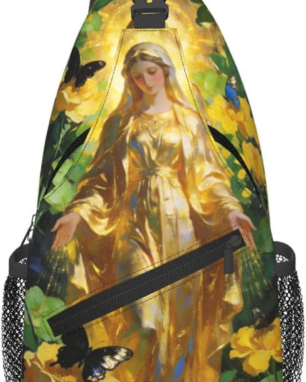 Our Lady of Guadalupe Sling Bag Crossbody Bags Clovers Chest Bag for Travel Hiking for Men Women Golden Mary 9