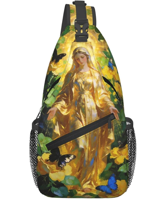 Our Lady of Guadalupe Sling Bag Crossbody Bags Clovers Chest Bag for Travel Hiking for Men Women Golden Mary 9